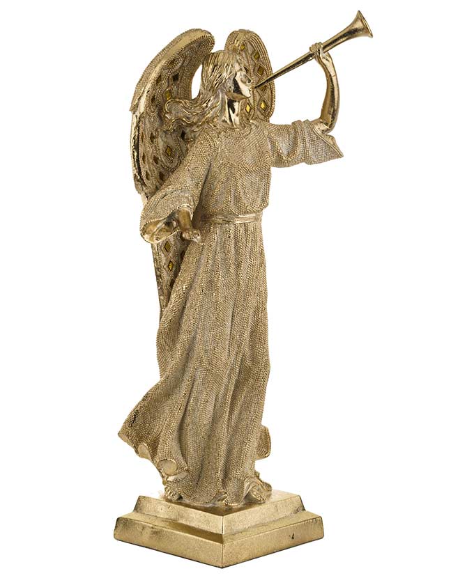 Prémium kategóriás, glamour stílusú, nagyméretű, 51 cm magas, arany színű, harsonás karácsonyi angyal figura  oldalnézeti képe