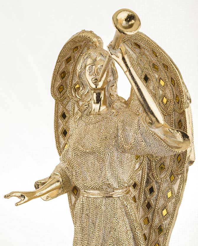 Prémium kategóriás, glamour stílusú, nagyméretű, 51 cm magas, arany színű, harsonás karácsonyi angyal figura 