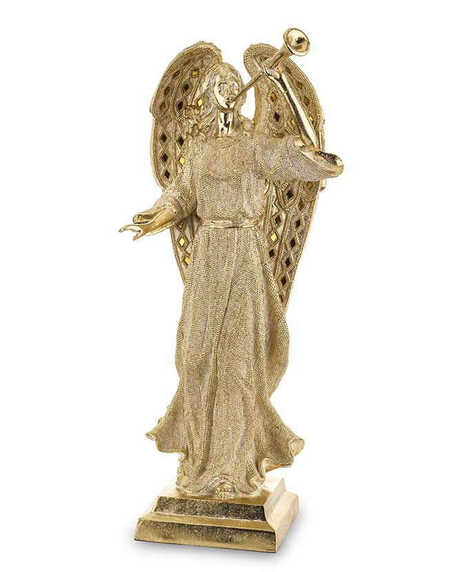 Prémium kategóriás, glamour stílusú, nagyméretű, 51 cm magas, arany színű, harsonás karácsonyi angyal figura 