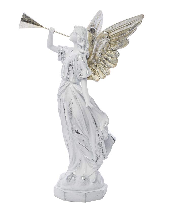Prémium kategóriás, klasszikus stílusú, 40 cm magas harsonás karácsonyi angyal figura oldalról fotózott képe 