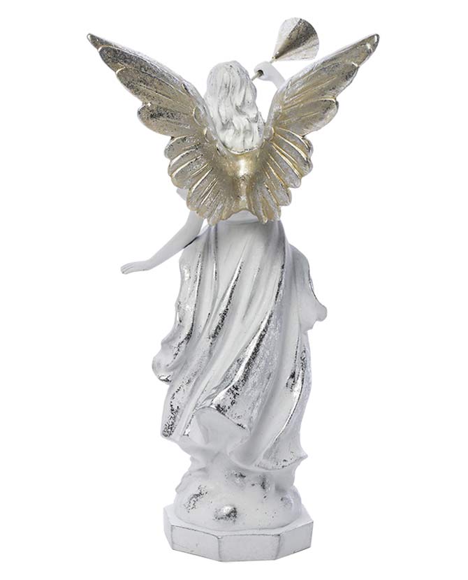 Prémium kategóriás, klasszikus stílusú, 40 cm magas harsonás karácsonyi angyal figura hátulról fotózott képe 