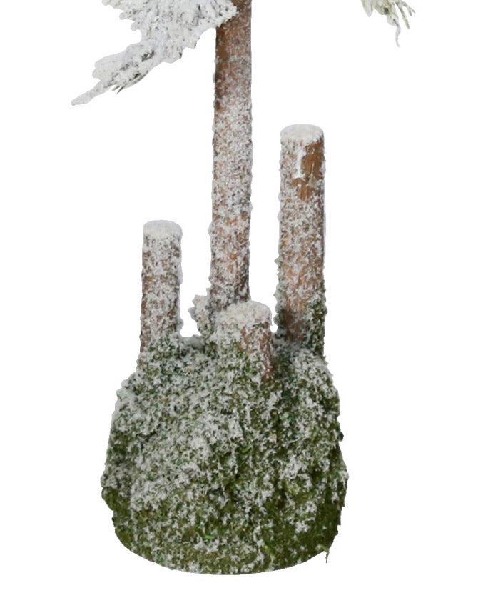 Havas felületű, 80 cm magas, mesterséges dekorációs műfenyőfa, mohával borított talapzatának közeli képe