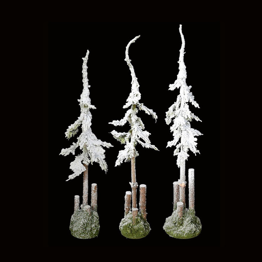 3 db, különböző méretű havas műfenyő fekete háttér előtt