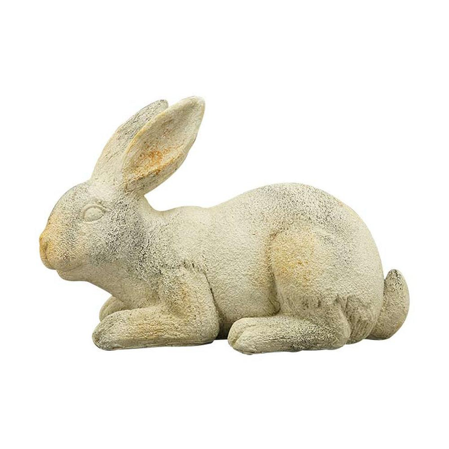 Rusztikus vidéki stílusú, 22 cm hosszú és 15 cm magas, antikolt felületű, krém színű húsvéti nyuszi figura.