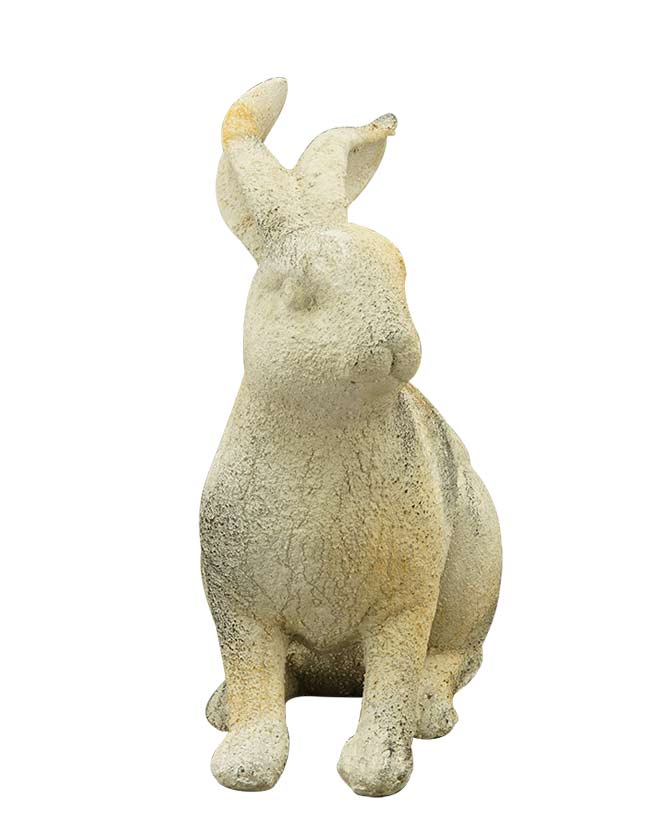 Rusztikus vidéki stílusú, 23 cm hosszú és 24 cm magas, antikolt felületű, krém színű húsvéti nyuszi figura.