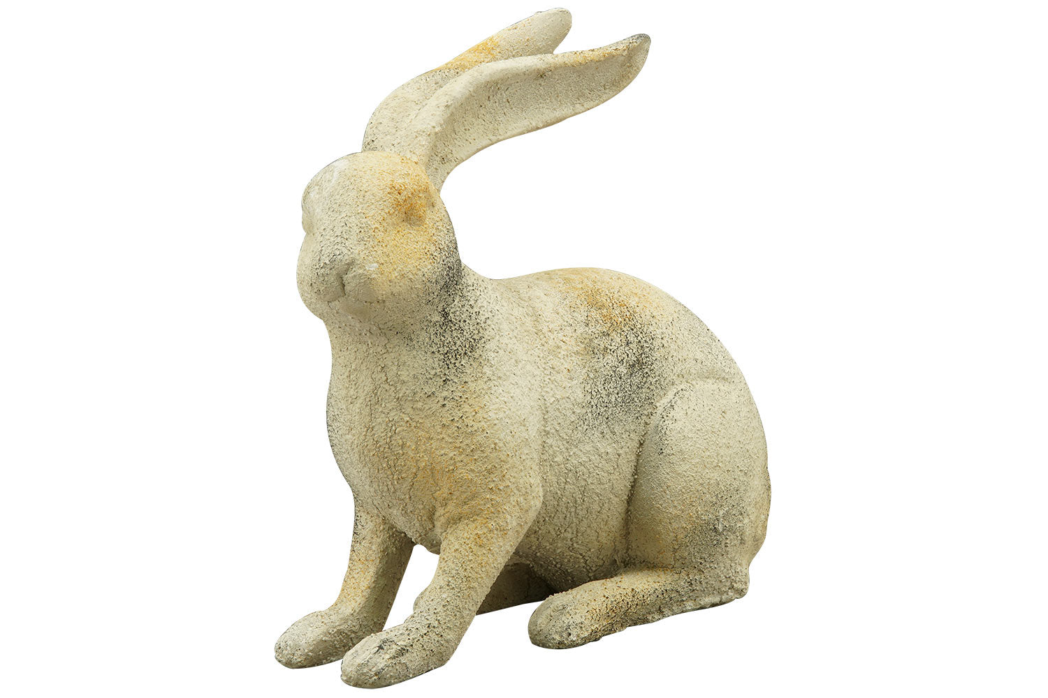 Rusztikus vidéki stílusú, 23 cm hosszú és 24 cm magas, antikolt felületű, krém színű húsvéti nyuszi figura.