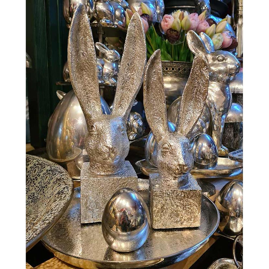 Glamour stílusú, 28,5 cm magas, ezüst színű húsvéti nyuszifej dísz