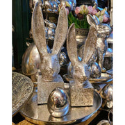 Glamour stílusú, 36 cm magas, ezüst színű húsvéti nyuszifej dísz