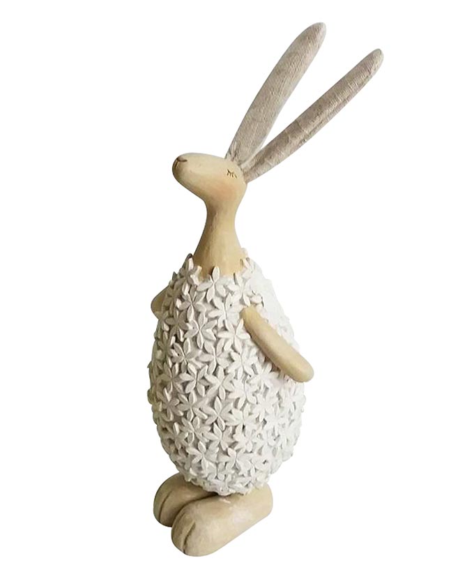 Boho stílusú, 26 cm magas, hortenzia ruhás húsvéti nyuszi figura 