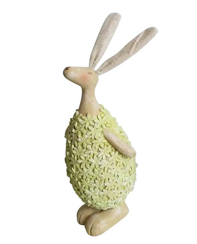 Boho stílusú, 26 cm magas, hortenzia ruhás húsvéti nyuszi figura