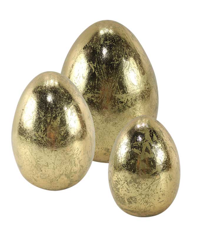 Közepes méretű, 16,6 cm magas, glamour stílusú, arany színű antikolt húsvéti kerámia tojás