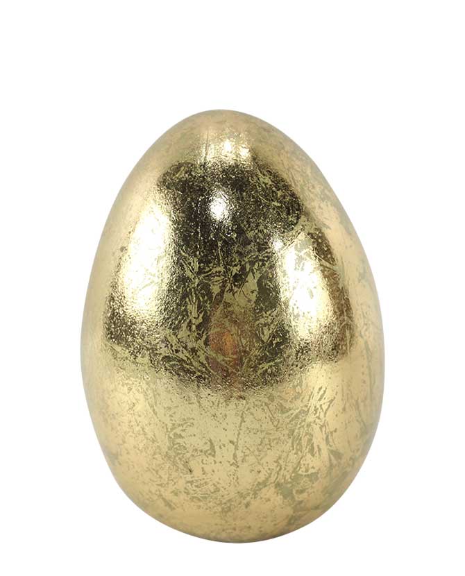 Közepes méretű, 16,6 cm magas, glamour stílusú, arany színű antikolt húsvéti kerámia tojás