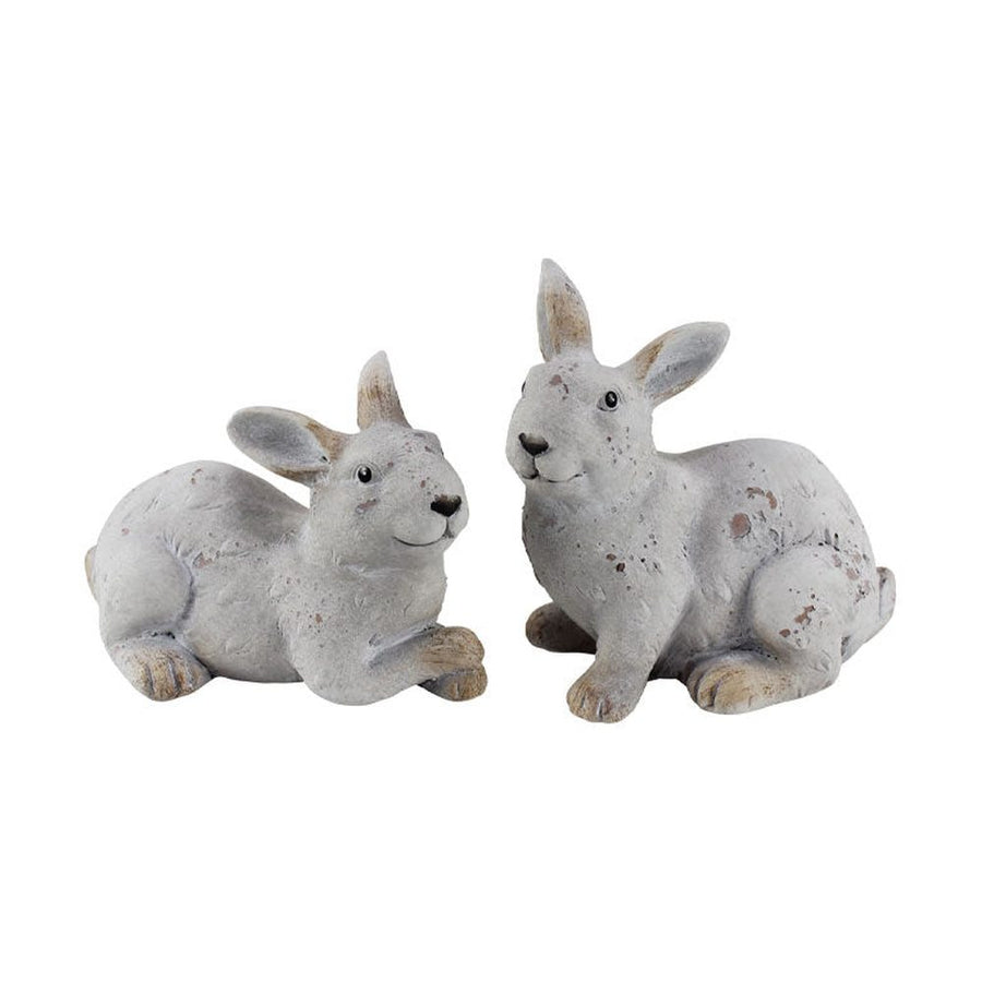 Vidéki vintage stílusú, 16 cm magas, rusztikus patinás felületű, antik fehér színű húsvéti kerámia nyuszi figura