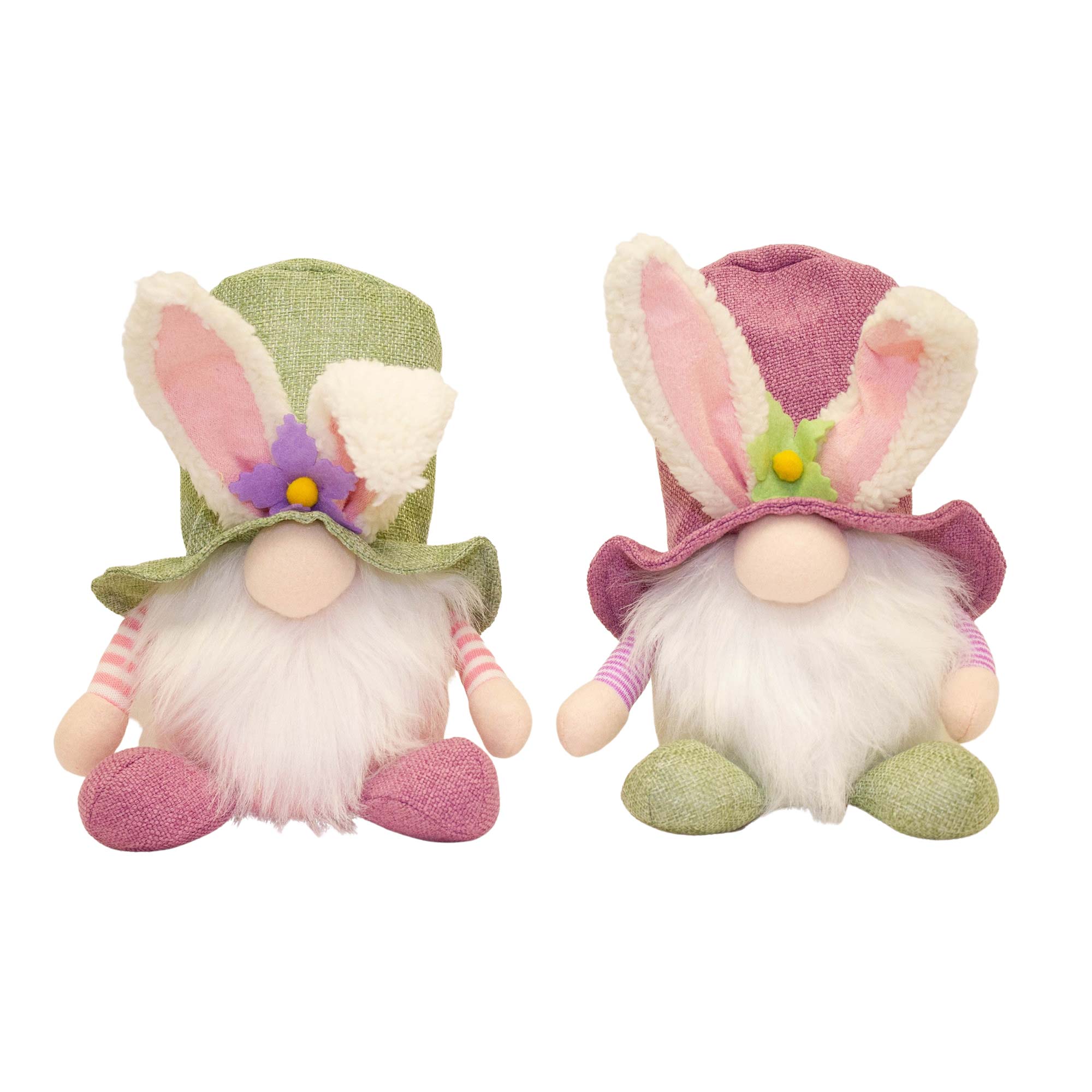 Mályva színű zsákvászonból készült, nyuszifülekkel díszített kalapot viselő, 22 cm magas, mókás húsvéti textil manó figura.
