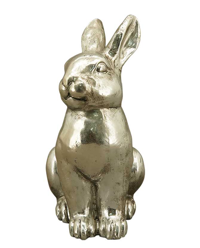 Nagyméretű, 35 cm magas, glamour stílusú, ezüst színű húsvéti nyuszi figura