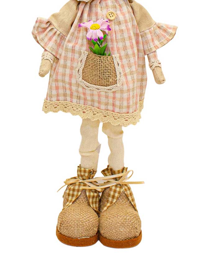 Vidéki, farmhouse stílusú,, kézzel varrott textil nyuszi lány figura.