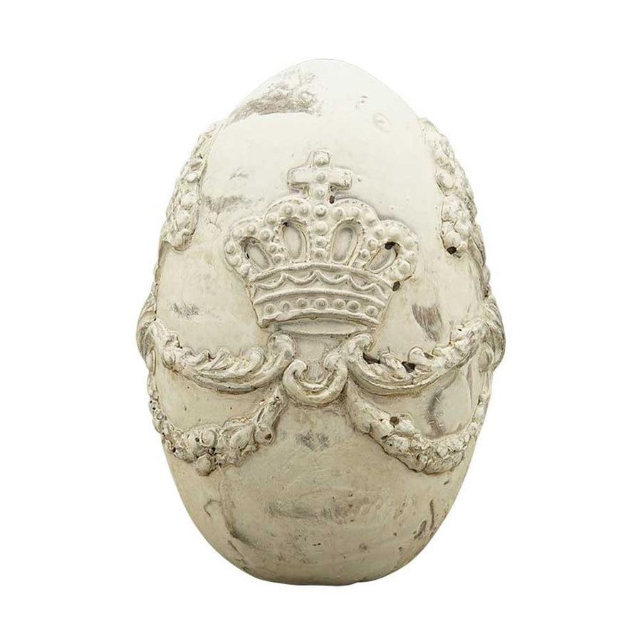 Vidéki vintage stílusú, patinás felületű, antik krém színű, dombormintákkal díszített 15 cm magas húsvéti  tojás