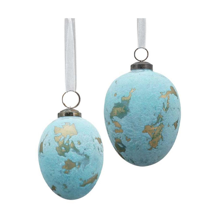 Vidéki vintage stílusú, patinás antik kék színű felületű, 13 cm magas, függeszthető húsvéti üveg tojás