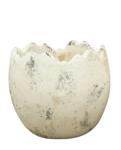 Vidéki vintage stílusú, patinás felületű, antik krém színű, 21,5 cm átmérőjű tojás formájú kerámiakaspó