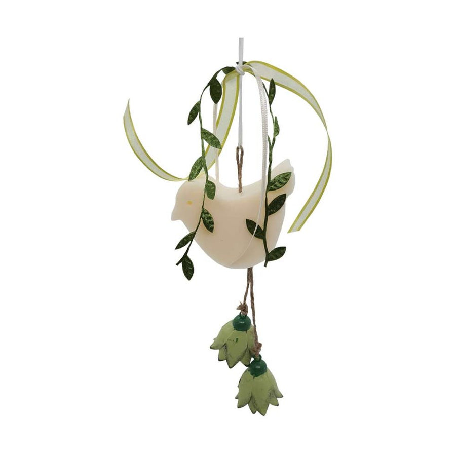 Prémium minőségű, függeszthető, 25 cm magas (+ akasztó), exkluzív megjelenésű, madár alakú, illatos kézműves szappan dekoráció, zöld színű fém tulipánokkal 