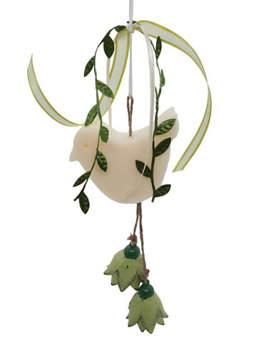 Prémium minőségű, függeszthető, 25 cm magas (+ akasztó), exkluzív megjelenésű, madár alakú, illatos kézműves szappan dekoráció, zöld színű fém tulipánokkal 