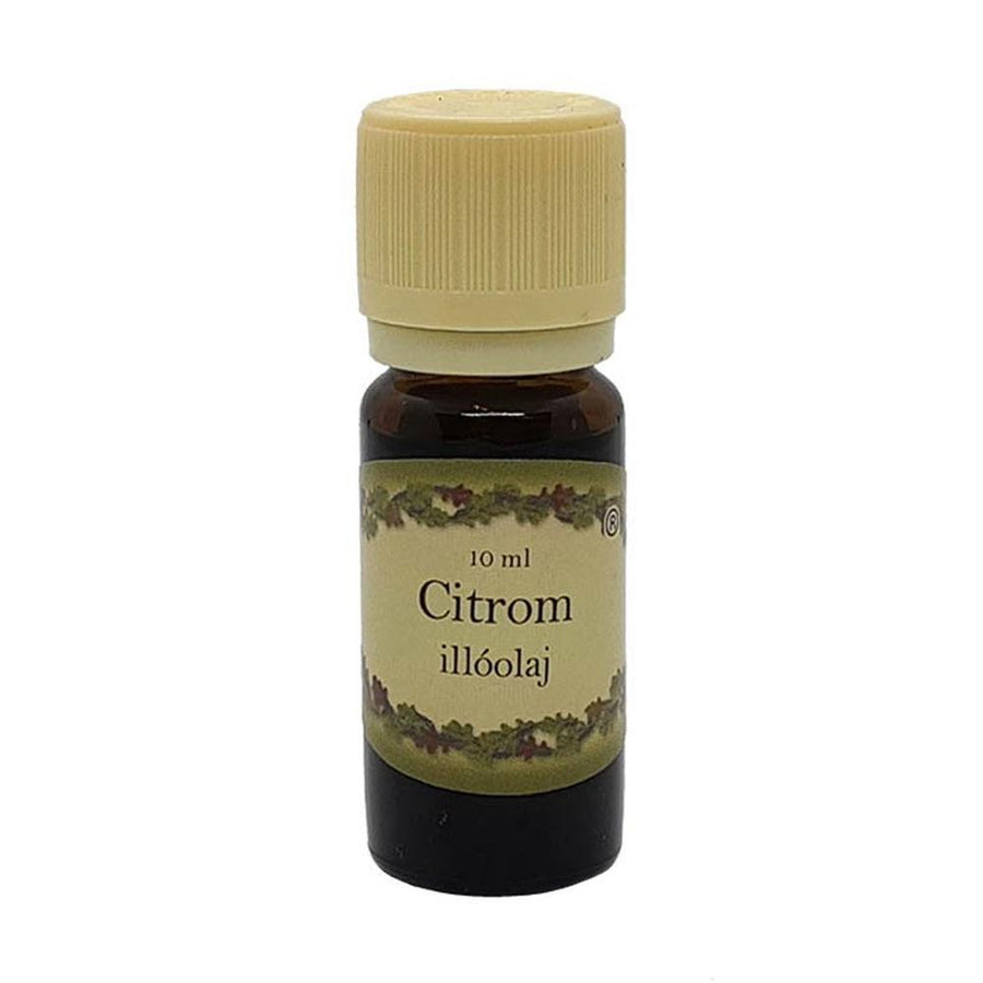 Citrom illatú illóolaj 10 ml barna üvegcsében, bézs kupakkal – friss, citrusos, tisztító aromaterápiás olaj.
