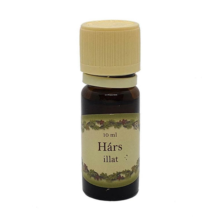 Hárs illatú illóolaj 10 ml barna üvegcsében, bézs kupakkal – mézes, nyugtató, virágos aromaterápiás olaj.