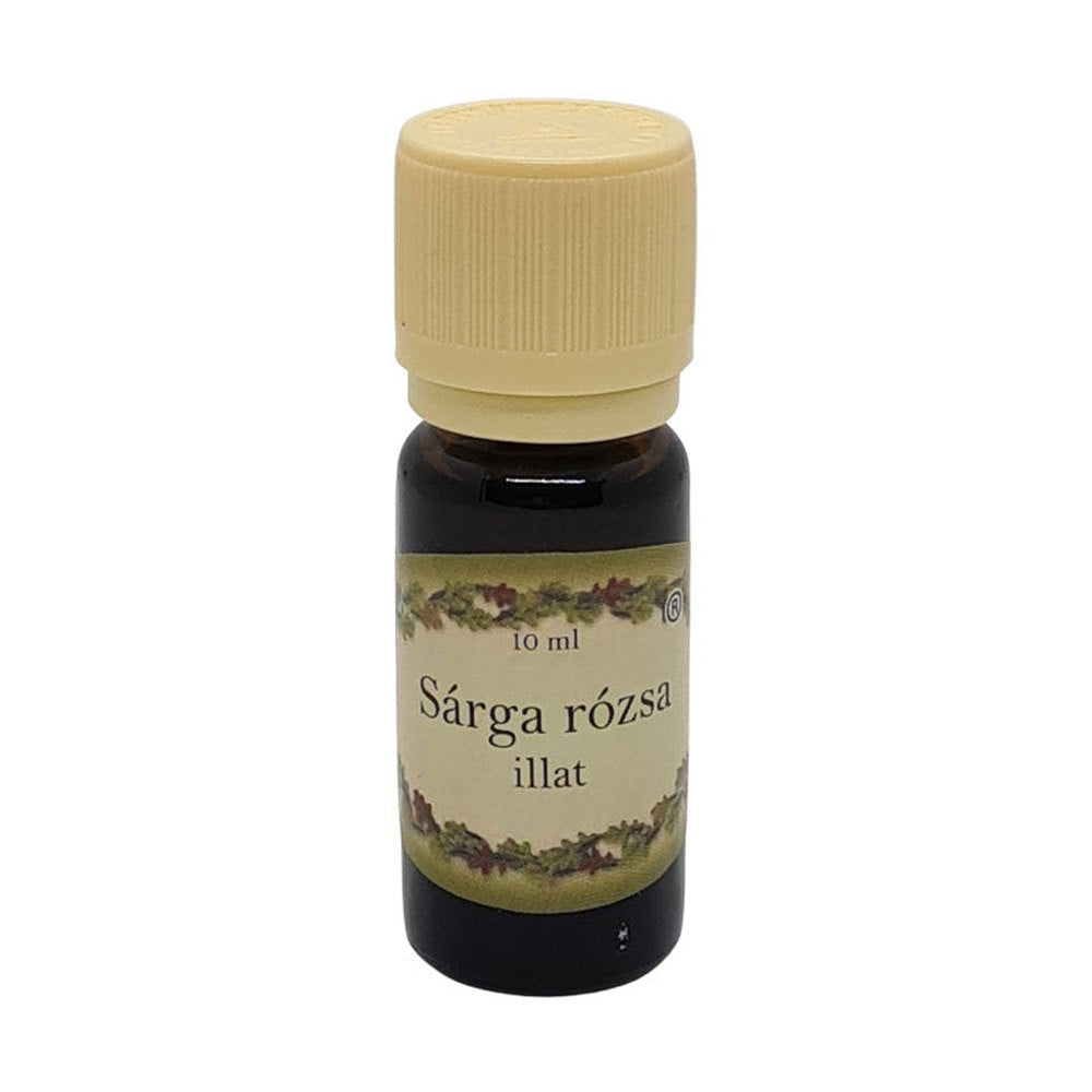 Sárga rózsa illatú illóolaj 10 ml barna üvegcsében, bézs kupakkal – virágos, frissítő aromaterápiás olaj.