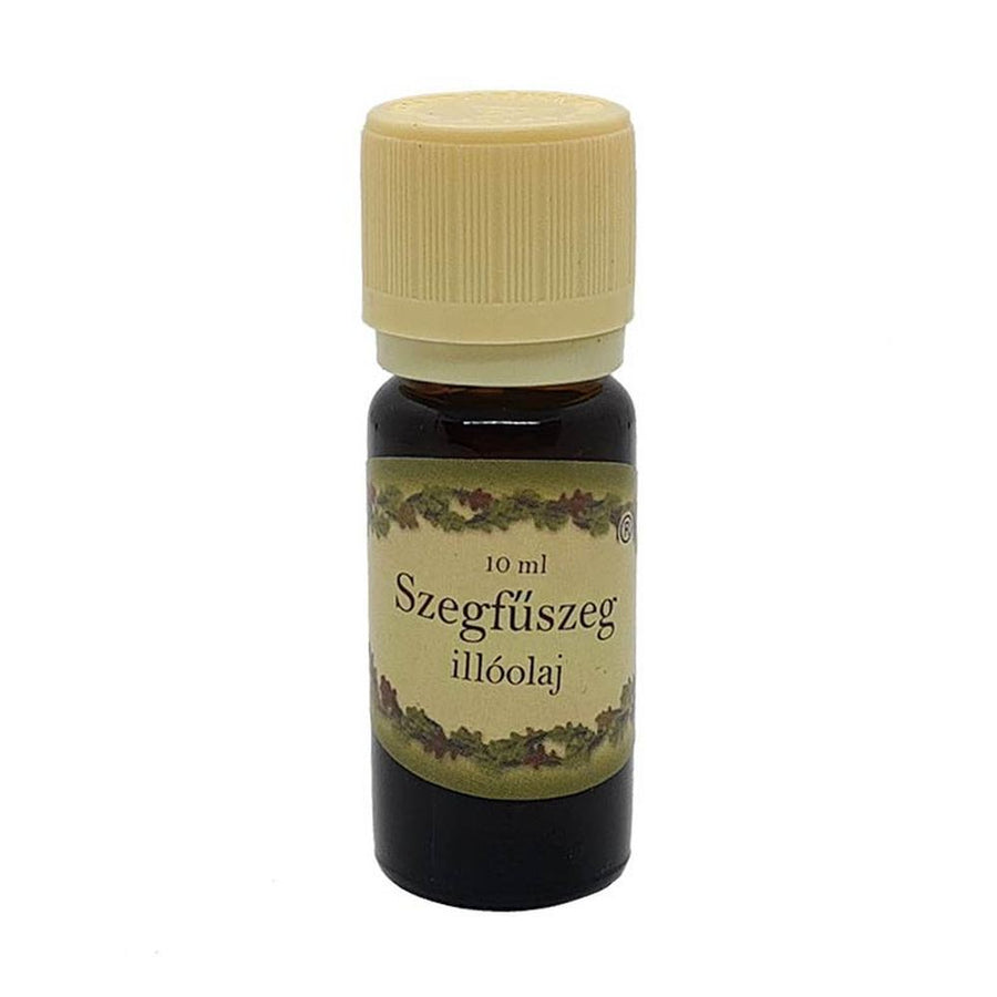 Szegfűszeg illóolaj 10 ml-es barna üvegcsében, krémszínű kupakkal, intenzív fűszeres aromával, párologtatáshoz ajánlott.