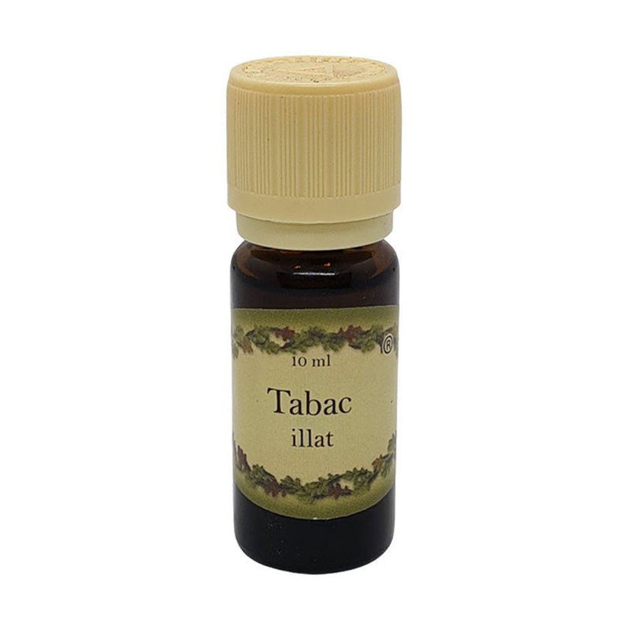 Tabac illatú illóolaj 10 ml barna üvegcsében, bézs kupakkal – fás, fűszeres, férfias aromaterápiás olaj.