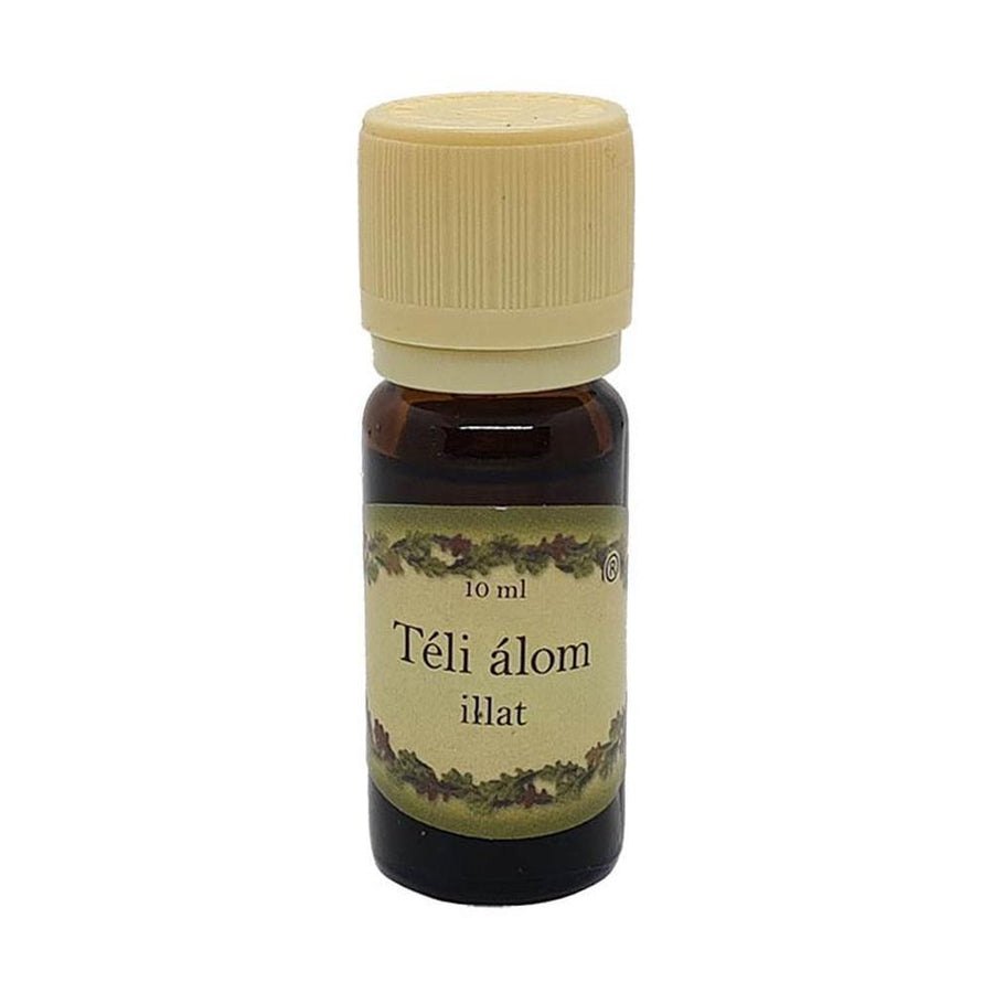 Téli álom illóolaj 10 ml-es barna üvegben, krémszínű kupakkal, karácsonyi fűszer-vanília aromakoncentrátum – párologtatóhoz.