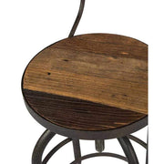 Ipari stílusú, újrahasznosított fenyőfából és vasból készült, állítható ülésmagasságú háttámlás bárszék.