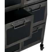 Ipari megjelenésű, 86 cm magas, sötétszürke színű fémből készült, 9 fiókos, gurítható industrial stílusú komód