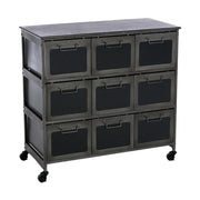 Ipari megjelenésű, 86 cm magas, sötétszürke színű fémből készült, 9 fiókos, gurítható industrial stílusú komód