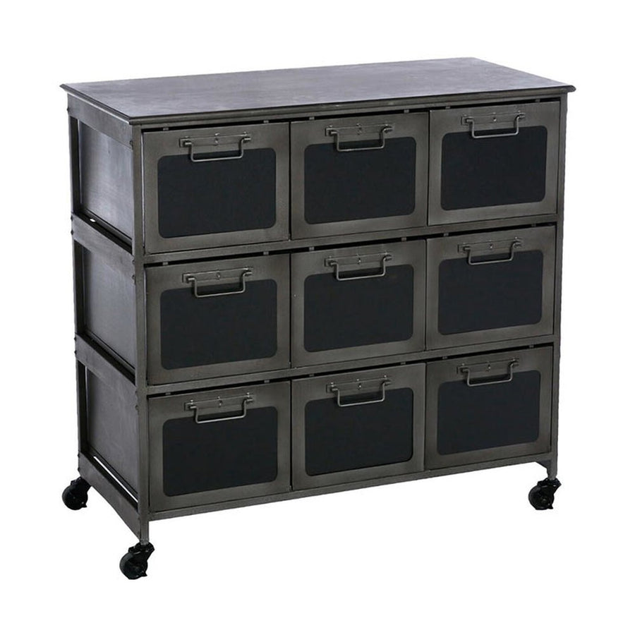 Ipari megjelenésű, 86 cm magas, sötétszürke színű fémből készült, 9 fiókos, gurítható industrial stílusú komód