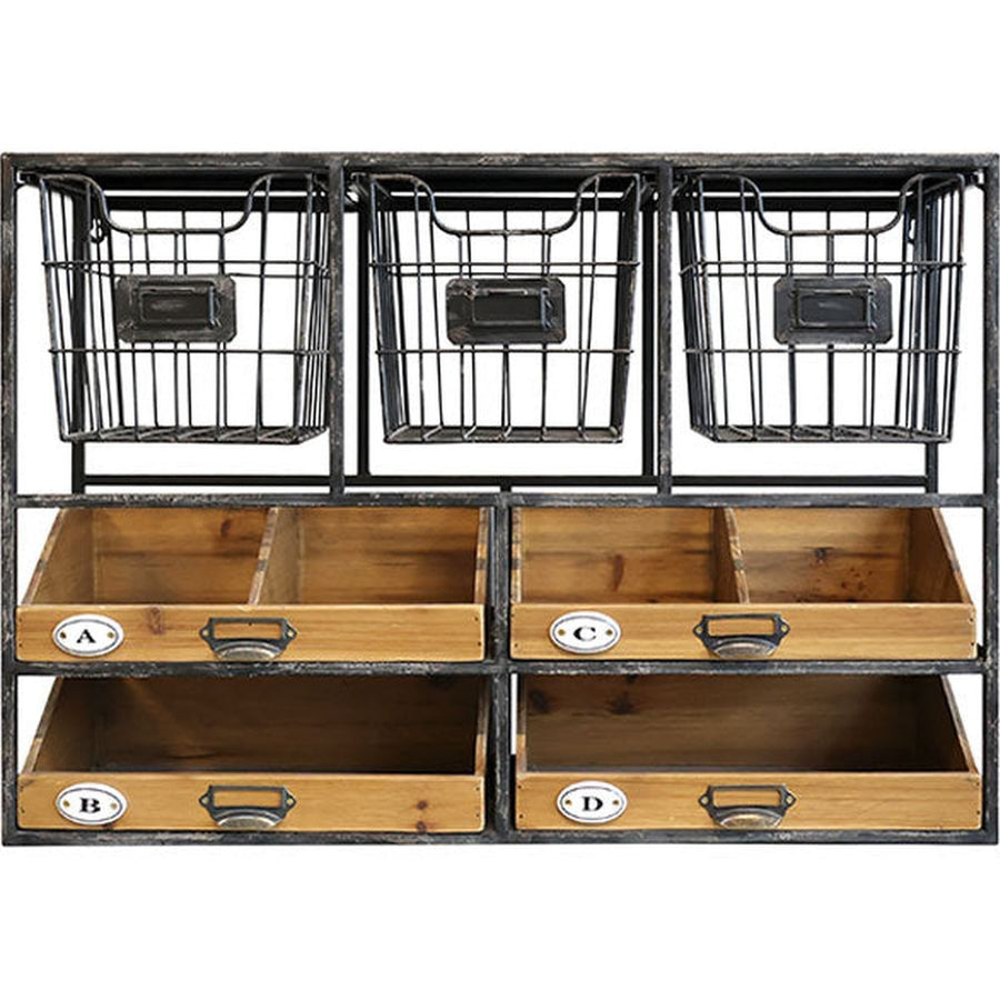 Ipari stílusú 4 fiókos és 3 tárolókosaras fali polc.