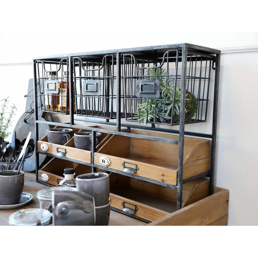 Ipari stílusú 4 fiókos és 3 tárolókosaras fali polc.