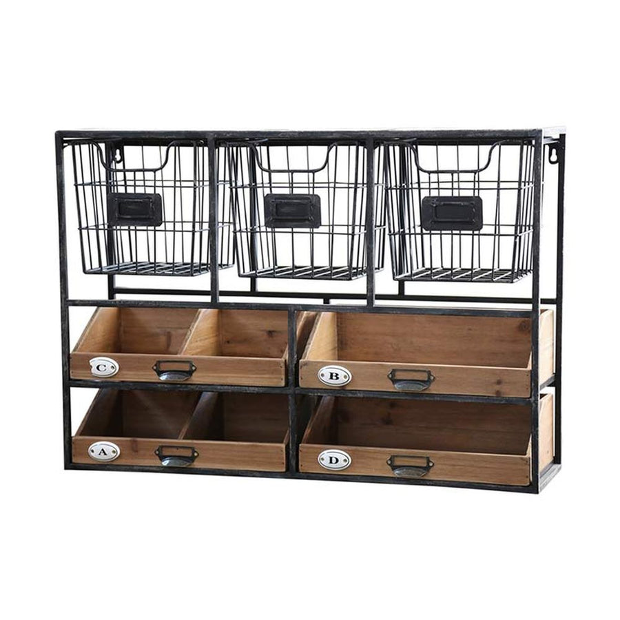 Ipari stílusú, kerámia betűvel díszített fenyőfából készült 4 fiókos fém  fali polc