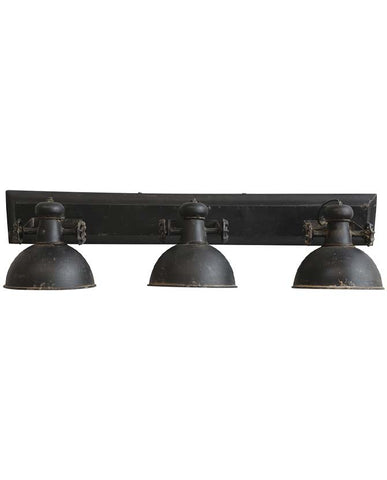 Ipari stílusú, patinás fekete színű, három lámpatesttel rendelkező kézműves falilámpa.