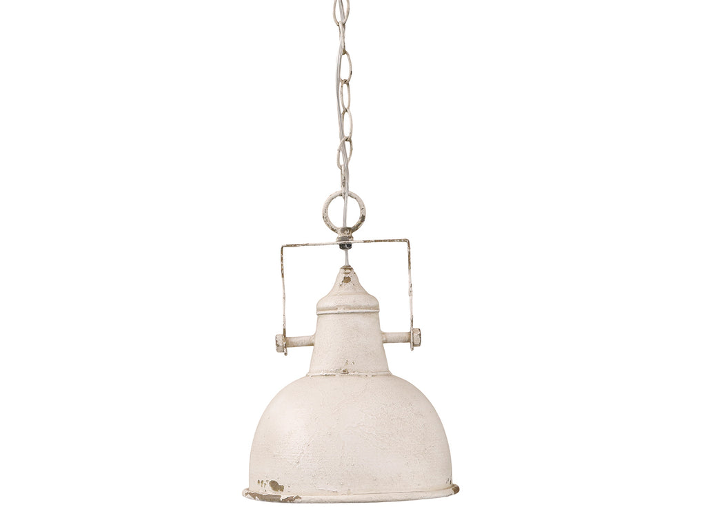 Ipari stílusú, antikolt krém színű, patinás felületű fém függeszték lámpa.