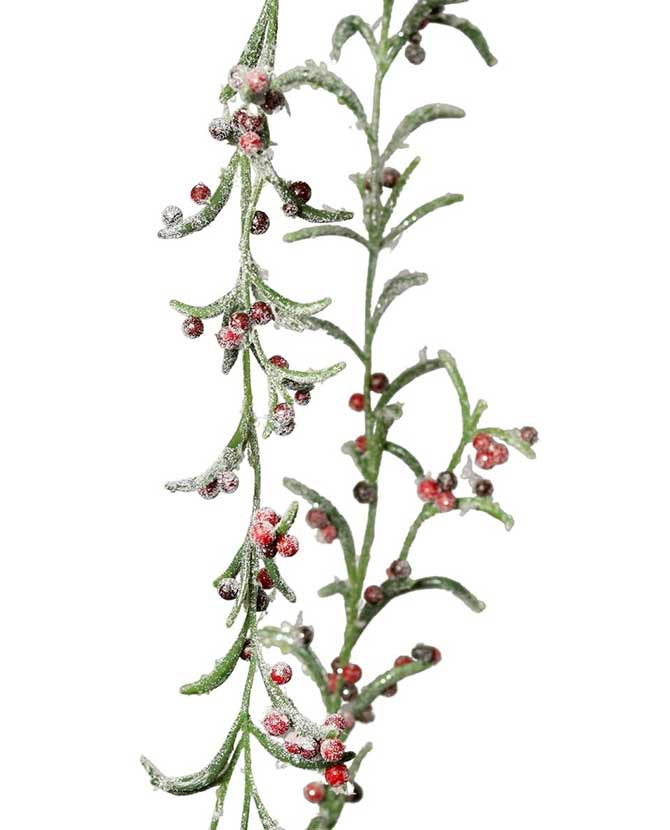 Deres hatású, élethű megjelenésű, 120 cm hosszú, mesterséges piros bogyós karácsonyi girland, zöld színű levelekkel.