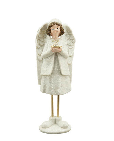 Fehér színű, glitteres felületű, 22 cm magas, sapkás karácsonyi angyalka arany színű tálcával a kezében