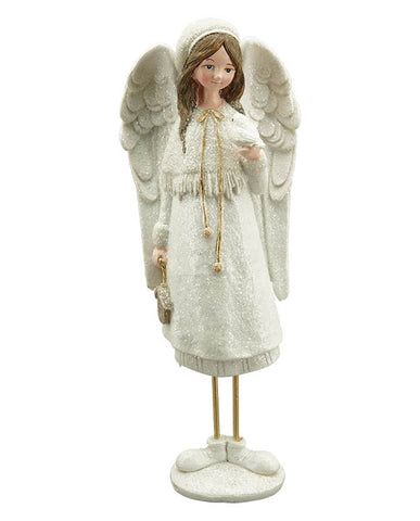 Fehér színű, glitteres felületű, 32 cm magas, karácsonyi angyalka madárral a kezében
