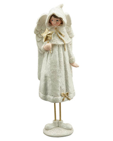 Fehér színű, glitteres felületű, 35 cm magas, kapucnis karácsonyi angyalka arany színű csillaggal a kezében