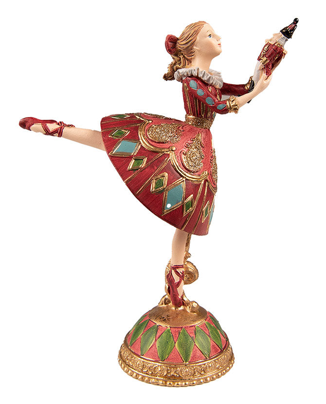 Klasszikus stílusú, 21 cm magas, mesebeli karácsonyi balerina figura, diótörővel a kezében.
