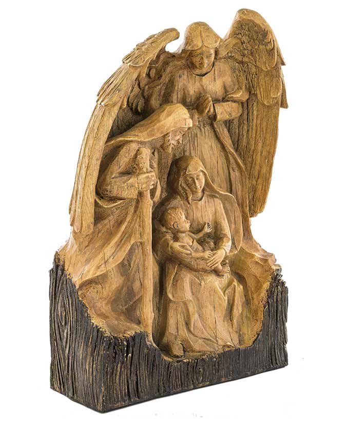 Antikolt felületű, fa hatású, 48 cm magas, szoborszerű karácsonyi betlehem.