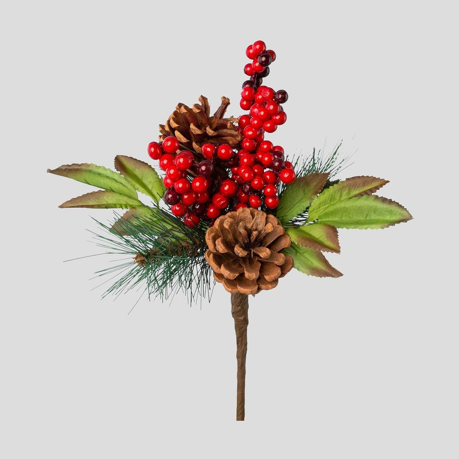 Fenyőtobozokkal, hervadó levelekkel tarkított, piros bogyós karácsonyi dekor fenyő pick.