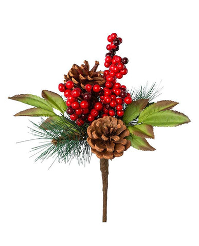 Fenyőtobozokkal, hervadó levelekkel tarkított, piros bogyós karácsonyi dekor fenyő pick.