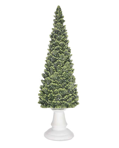 Fehérszínű díszes talapzaton álló,, kúp formájú, karácsonyi dekorációs fenyőfa.