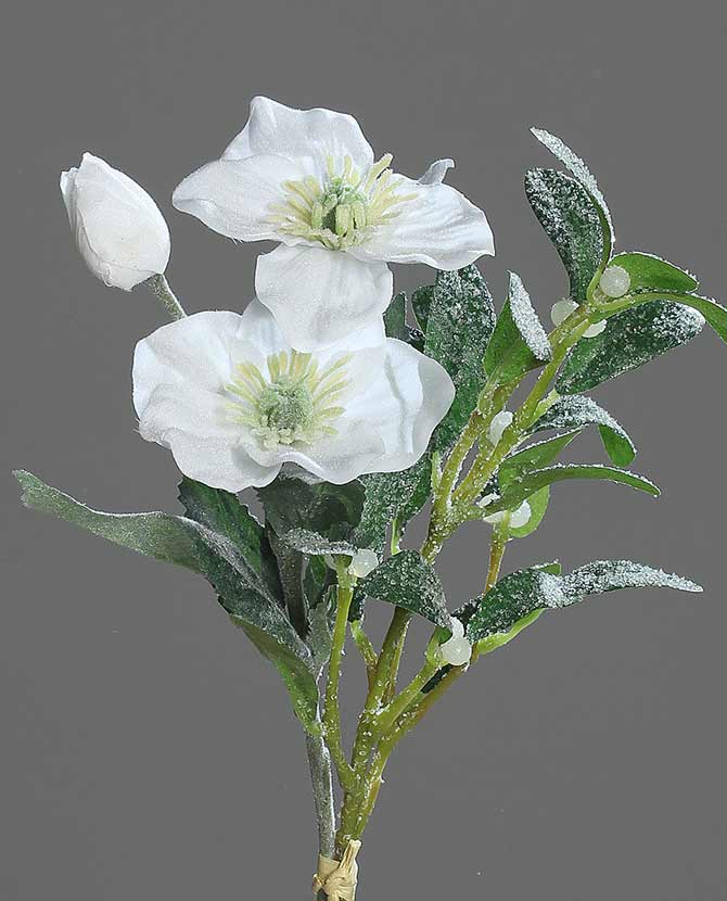 Élethű, jeges felületű, mesterséges mű fagyöngy ág,  nyílit és bimbós megjelenésű fehér színű hunyor virágokkal